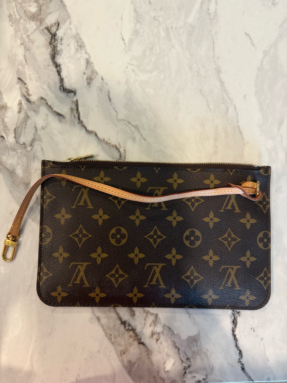 Louis Vuitton Brown Monogram Zip Wristlet with Natural Leather Strap